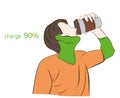 Man drinks coffee being charged. charge 90%. vector illustration. Royalty Free Stock Photo